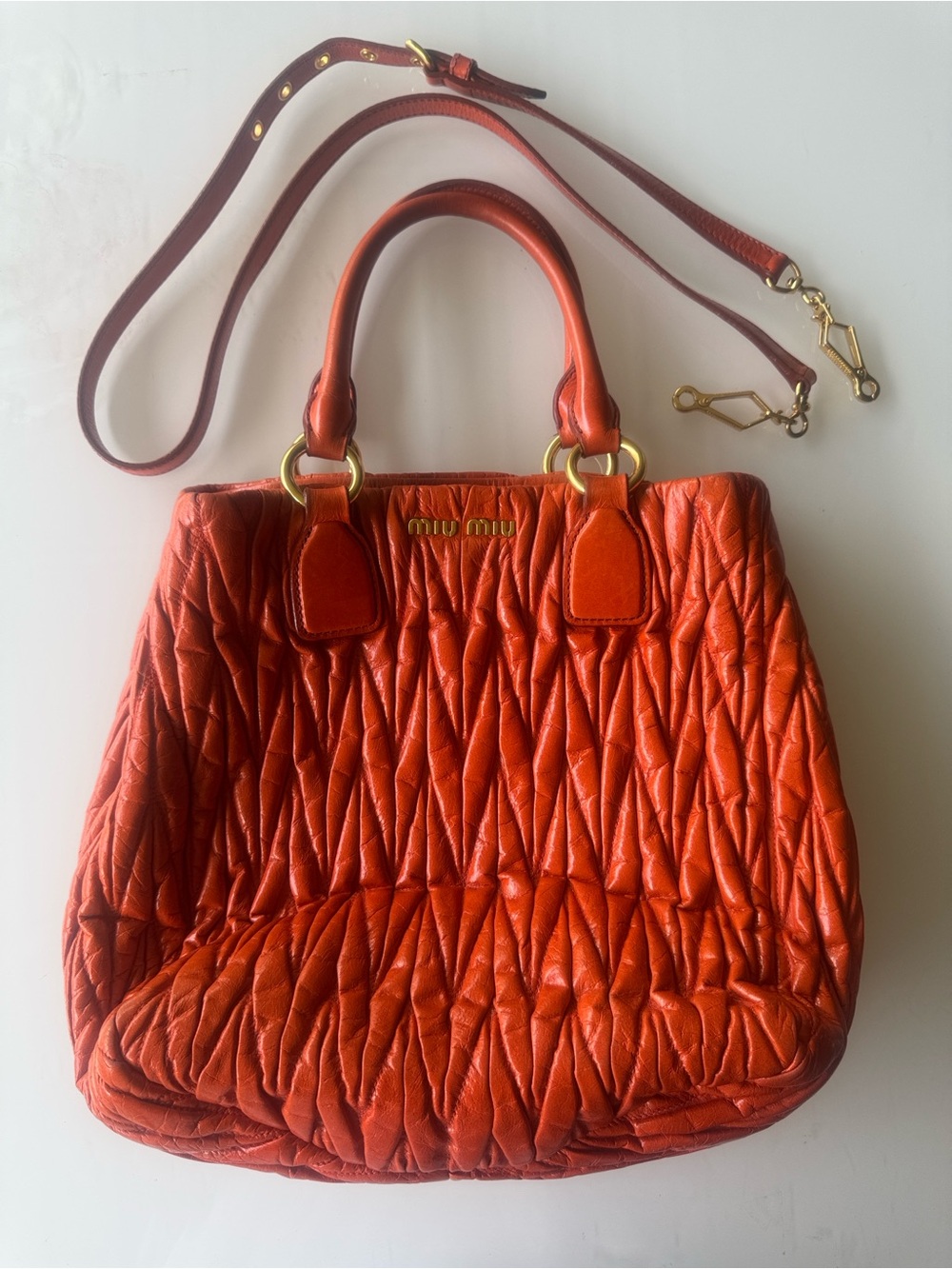 Miu Miu Matelassé Nappa Leather Satchel Orange Ruched Top Handle Crossbody Bag